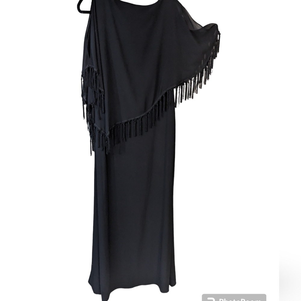 Xscape black formal dress size 10, has a sheet cape attached to neckline. - Picture 7 of 10